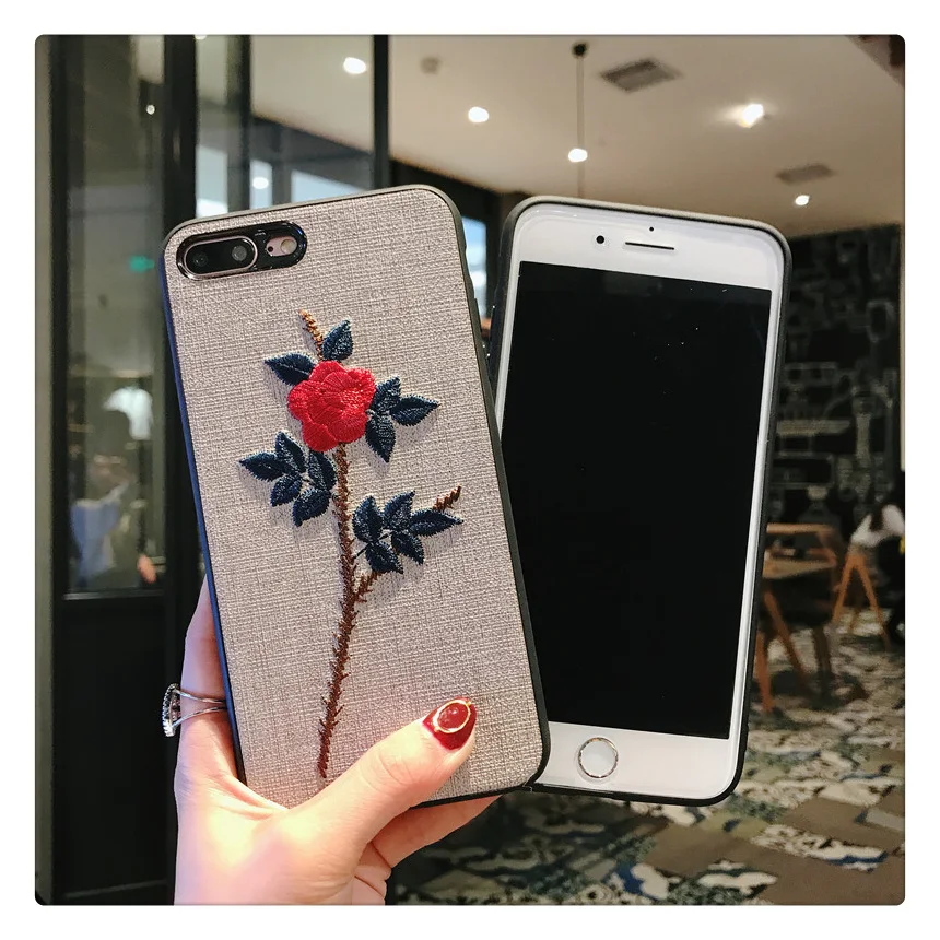 Роскошная вышитая крышка с цветком розы для iPhone 7 тонкий тканевый чехол X 8 6S 6 Plus 3D