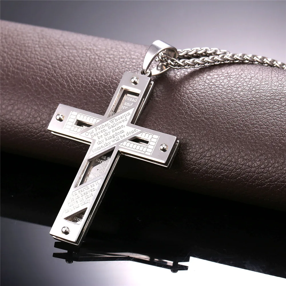 U7 Big Cross Necklace Gold Color Stainless Steel Trendy Pendant &amp Chain Christmas Gift For Men/Women Holy Bible Jewelry P815 | Украшения
