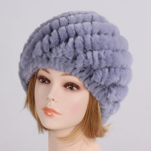 BLUE GREY Женский Зимний вязаный натуральный настоящий мех кролика, шапка для девушек, теплый пушистый Настоящий мех кролика, вязаные шапки из натурального меха - Цвет: BLUE GREY