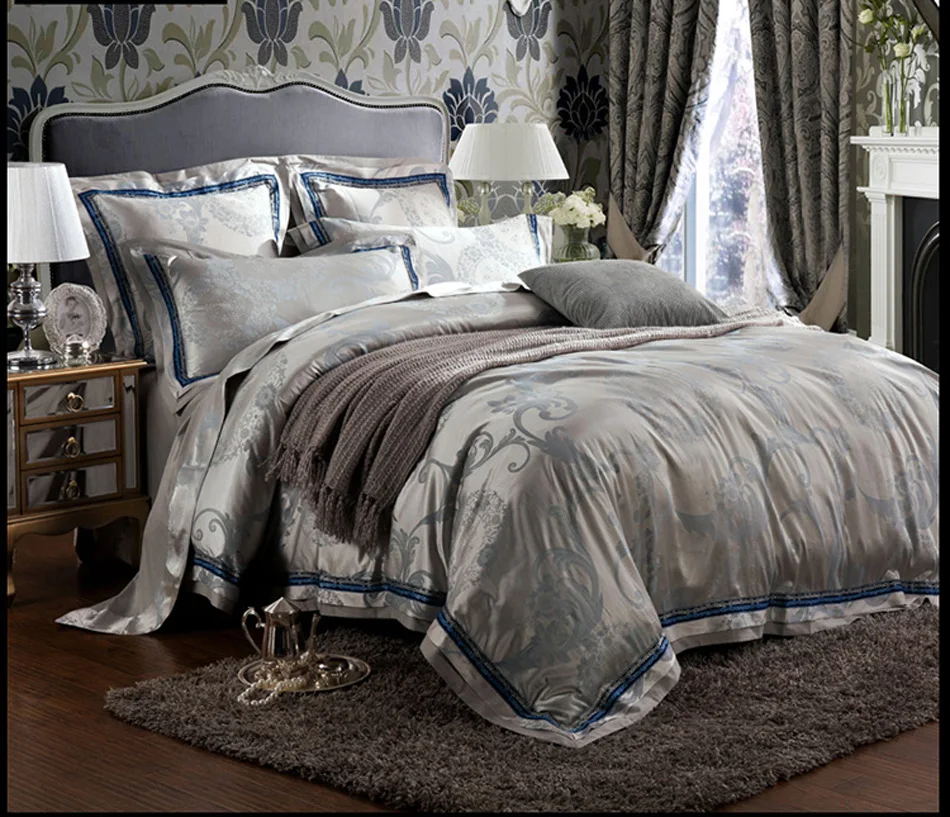 Preço Conjuntos De Cama De Luxo De Cetim Jacquard Bordado Jogo De Cama De Casal Queen Rei Capa De Edredão Conjunto De Folhas De Cama Fronha 4/6 Pcs De Ouro Cinza