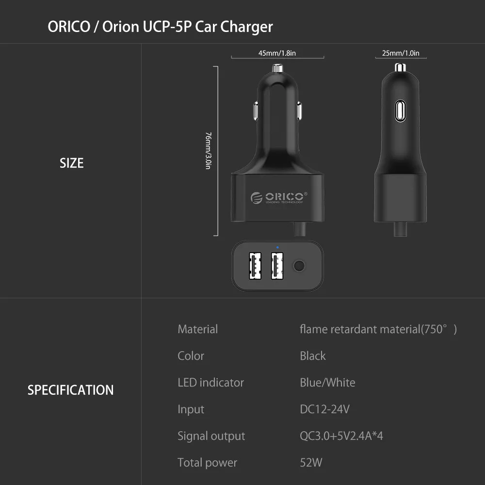 Автомобильное зарядное устройство ORICO с USB умное 52 Вт QC3.0 для Xiaomi Huawei Sanmsung Tablet