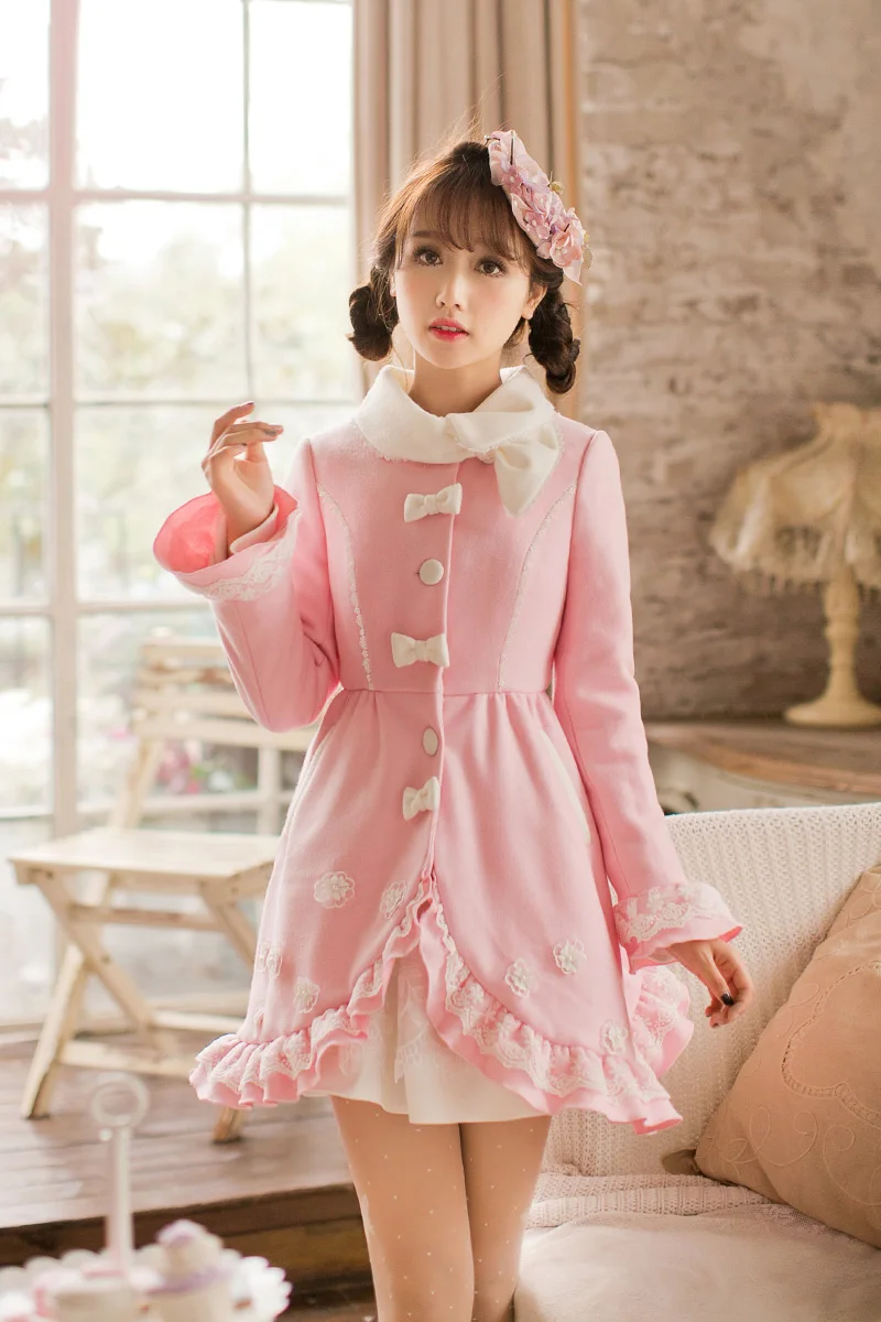 Candy rain Princess sweet pink coat bow flower decoration embroidery Single breasted Slim Fit Lapel Japanese design C16CD6204 | Женская