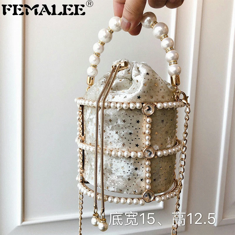 

Luxury Hollow Pearl Handle Diamond Basket Bag Rhinestone Women Handbags Ladies Wedding Party Bags Birdcage Designer Crystal Tote