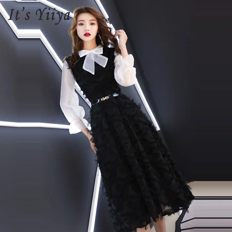 

It's Yiiya Prom Dresses Sexy Bow Women Party Night Dresses 2019 Slim Long Plus Size O-neck Full Sleeve Vestidos De Gala E569