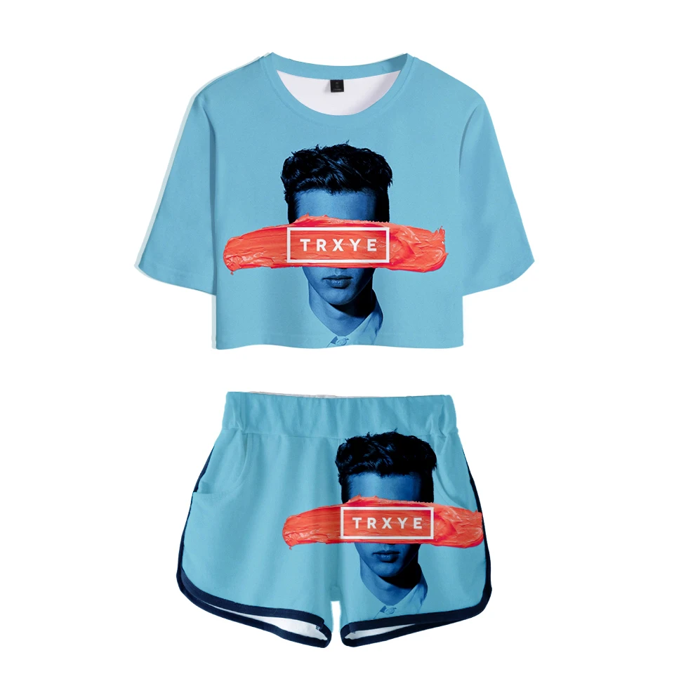 Женский хлопковый костюм с короткими рукавами Troye Sivan футболка пупком + шорты в
