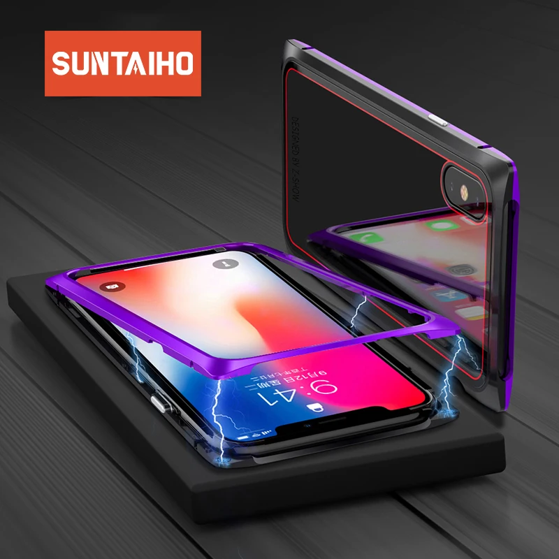 Suntaiho Magnetic Adsorption Phone Case for iPhone X case for iPhone 7 8 Standing Square Magnetic Tempered Glass back Phone case
