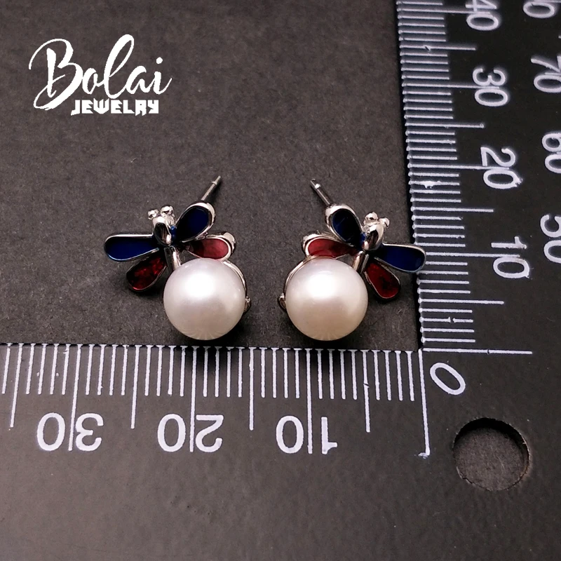 Bolaijewelry, жемчужные серьги-гвоздики круглый 7,0 мм Стрекоза простой дизайн 925 стерлингового серебра ювелирные украшения для девочек подарок на день рождения