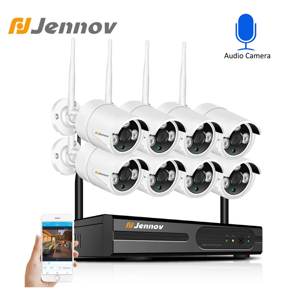 Система видеонаблюдения Jennov 8 каналов Wi Fi 2 Мп 1080P аудиозвук наружная беспроводная