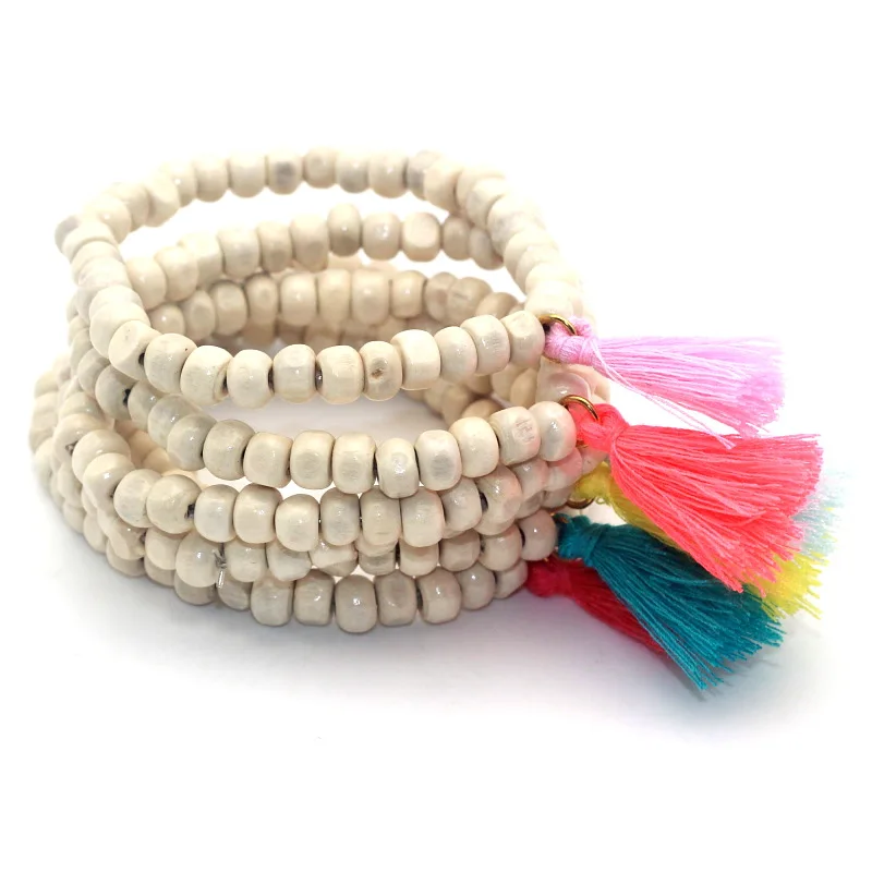 Цветной кисточкой белый браслет с деревянными бусинами и браслеты натуральной
