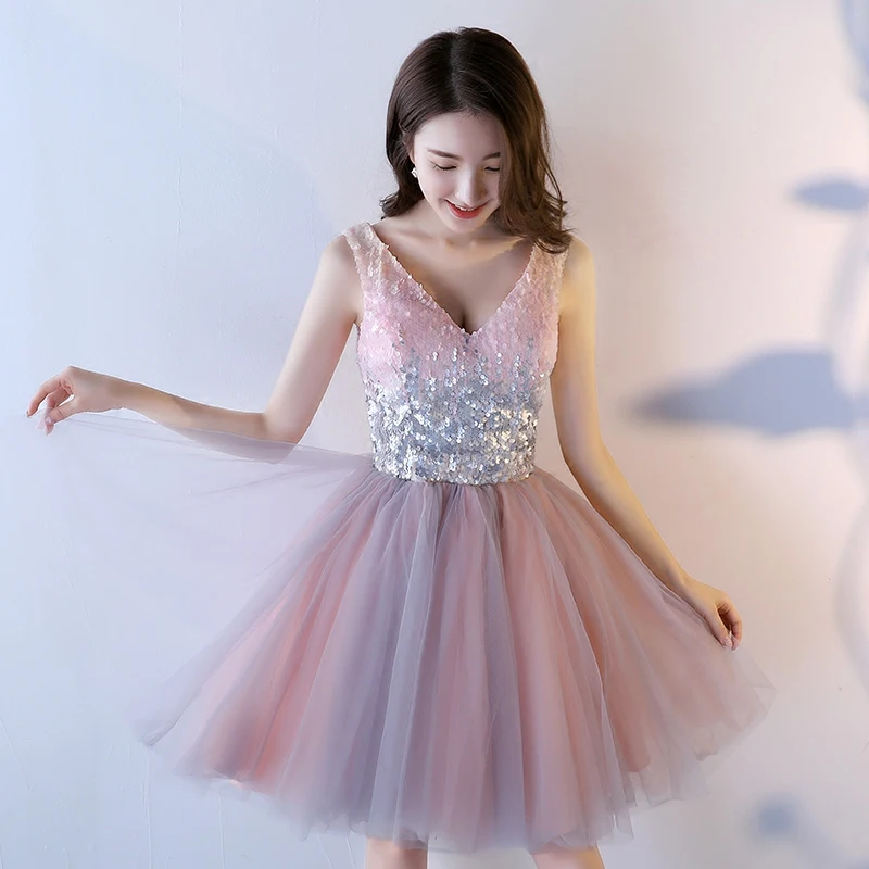 Блестящее женское платье с V образным вырезом без рукавов до колена|prom dresses 2017|prom