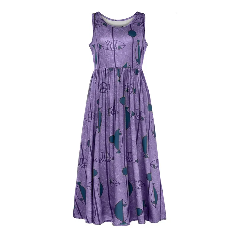 Женское винтажное платье без рукавов Свободное длинное макси с принтом рыбок и