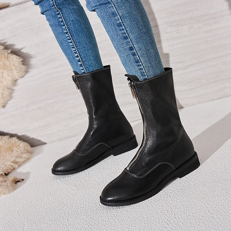 

ENMAYER Women Ankle Boots Fashion Boots Winter Solid Round Toe Shoes Women Size 33-40 Winter Causal Zipper Thick Heels CR1754