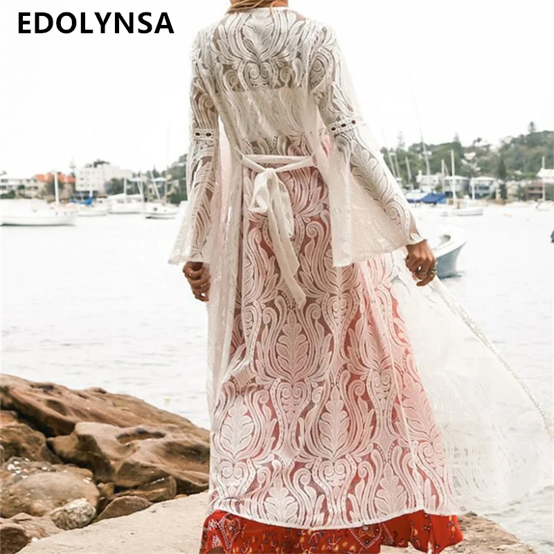 Длинная кружевная Пляжная накидка Robe de пляжный купальный костюм Cover up Saida Praia longa