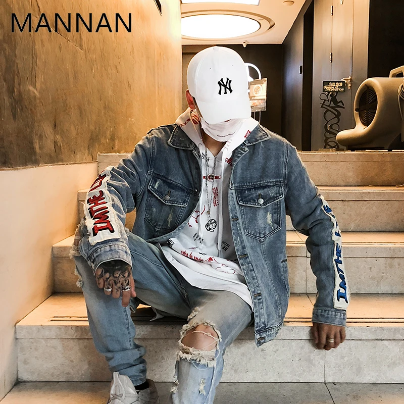 MANNAN Hi Street Мужская джинсовая куртка Готическая вышивка рваная зауженная мужское