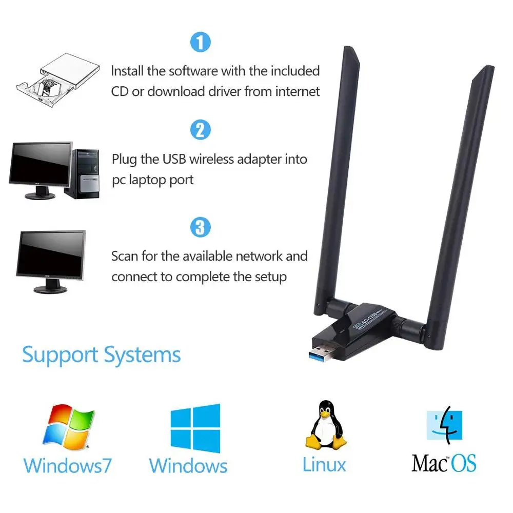 USB3.0 WiFi адаптер AC 1200 Мбит/с 5dBi двухдиапазонная антенна 2 4G/5G мини беспроводная