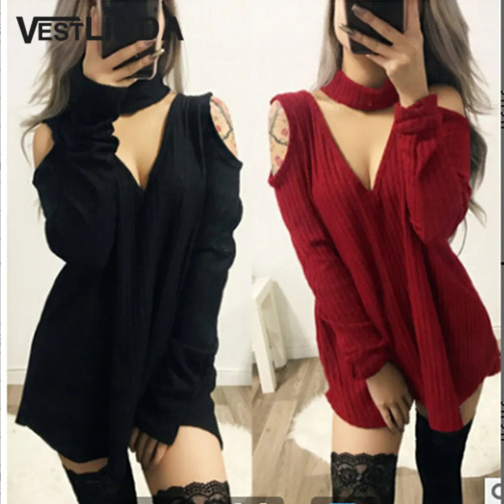 VESTLINDA Sweaters Fashion 2018 Women Cold Shoulder Long Sleeve Knitted Top With Choker Winter Clothes Jumper Pullover Femme | Женская
