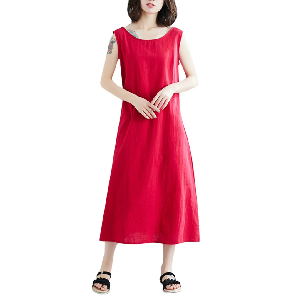 Женское однотонное свободное платье-чехол большого размера из хлопка и льна с