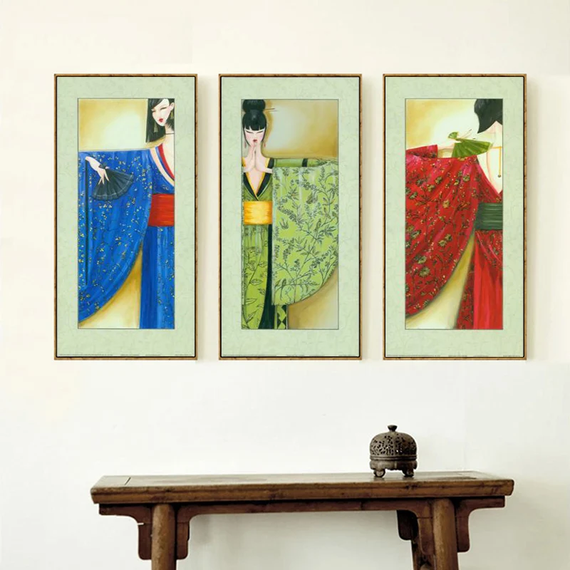 free shipping japan style kimono japanese beauty oil painting canvas prints printed on hotel wall decoration pictures | Дом и сад