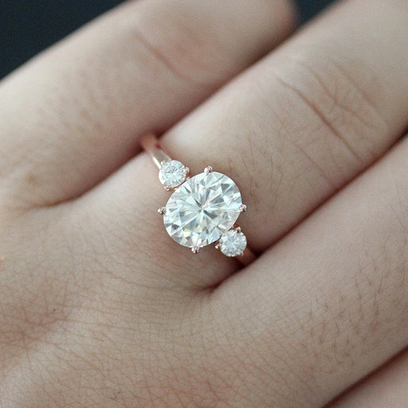 Solid 14K розовое золото 7x9 мм 2.00ct карат Овальный разрезанный муассанит обручальное кольцо Solarite с Круглый Муассанит камень Fow женщин