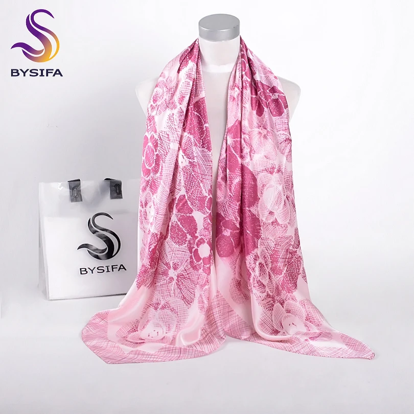 

[BYSIFA] Winter Plaid Floral Silk Scarf Shawl Cape Women Fashion Brand Pink Satin Large Square Scarves Wraps Foulard 130*130cm