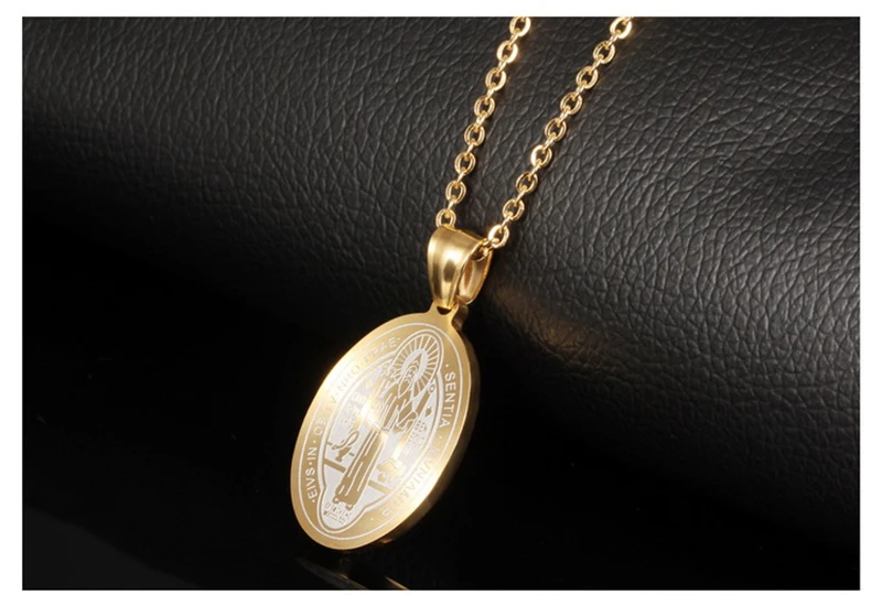 Catholic Patron Saint St Benedict of Nursia Holy Medal Round Pendant Necklace Gold Color Stainless Steel Choker Jewelry Women