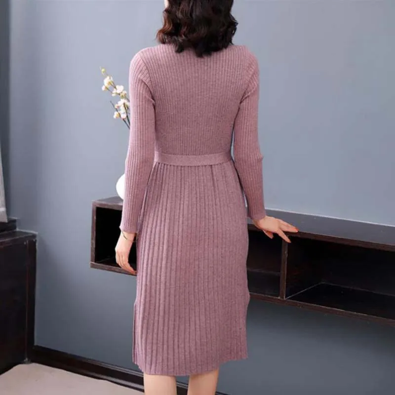 

Autumn Winter Women Knit Dresses With Sashes 2018 Long Sleeve Half Turtleneck Casual Slim Warm Sweater Dress Vestidos