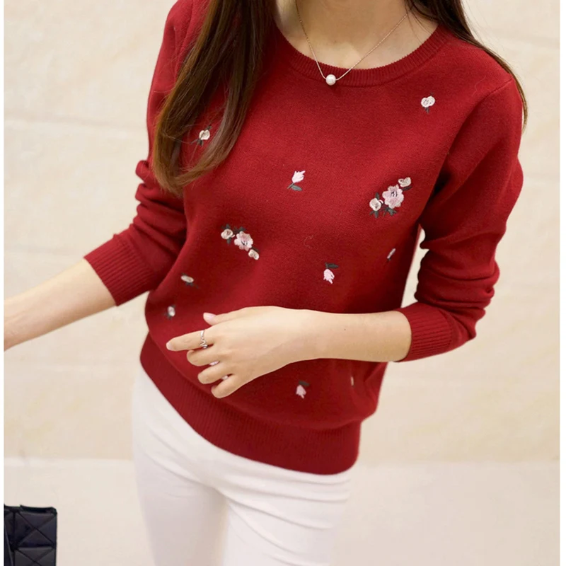 2021 Newest Style Womens Pullovers Beautiful Flowers Embroidery Long Sleeve Casual Women Cotton Sweater Solid Color Female Tops | Женская