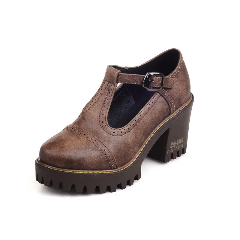 brown MoonMeek/Большие размеры 34-43; новая модная обувь; женские туфли на высоком квадратном каблуке с круглым носком и пряжкой; женские туфли-лодочки на платформе; Новинка года - Цвет: brown