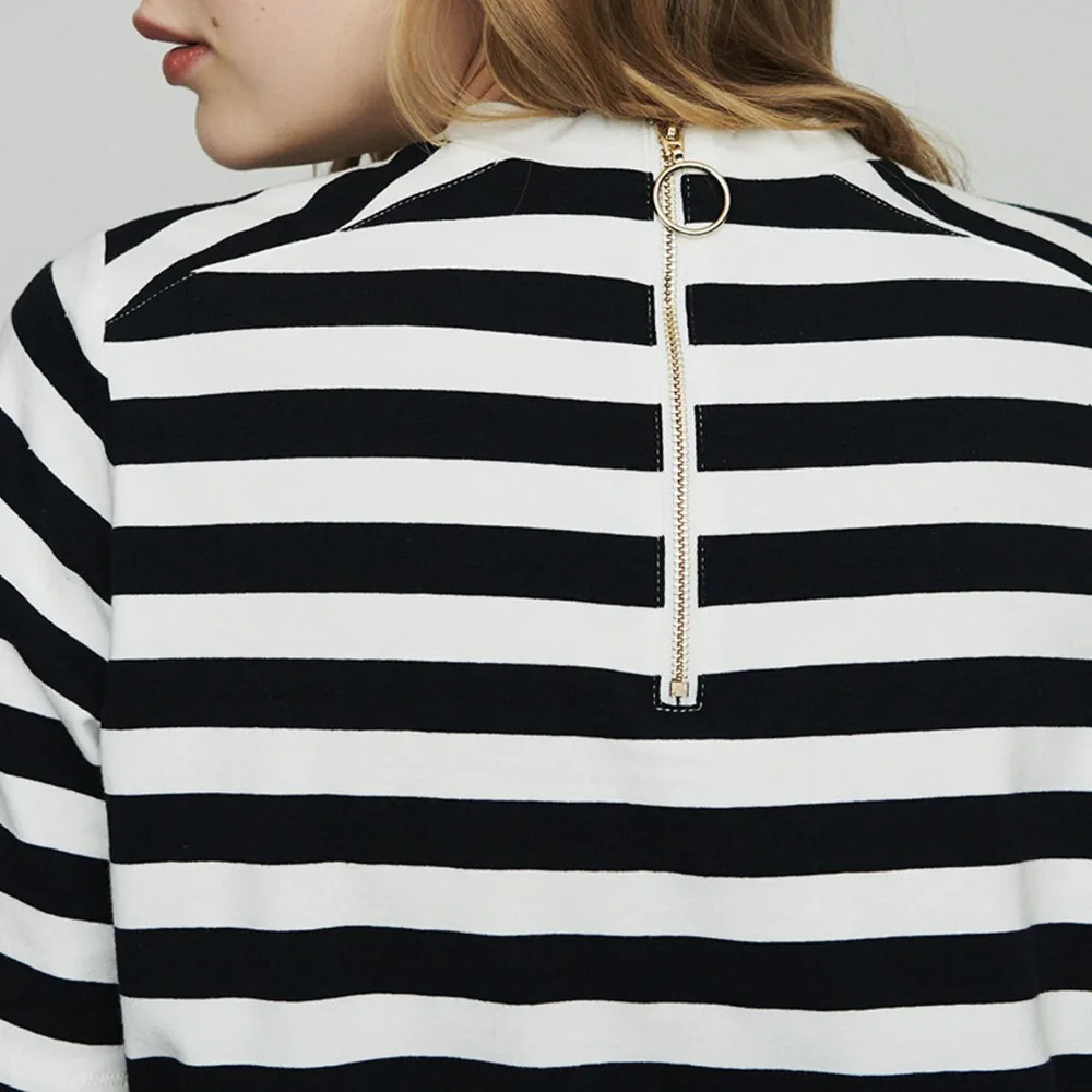 HDY Haoduoyi Femme Tops Summer Stylish Sweet Preppy Style Letter Stripe Knit T-shirt Embroidered O-Neck Loose Metal Zipper Tees | Женская
