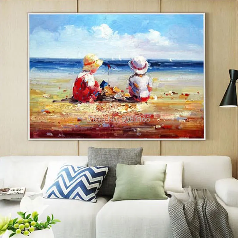 hand painted European style oil painting kids on beach canvas wall picture sea view pictures for living room | Дом и сад