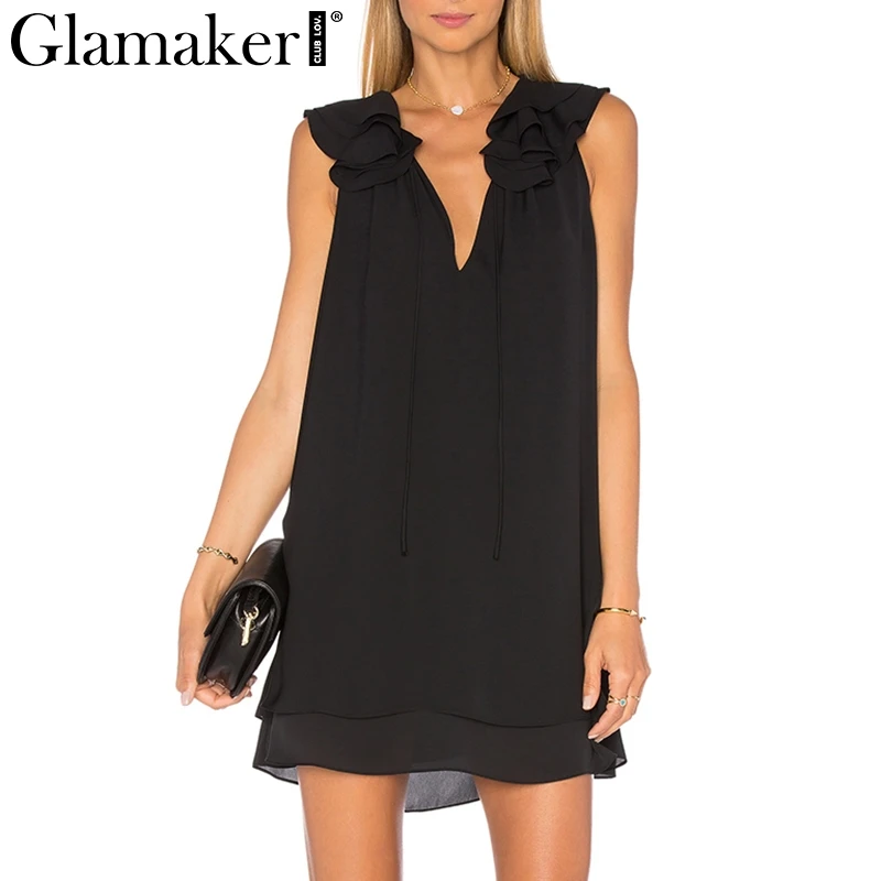 Фото Черное шифоновое мини-платье Glamaker с v-образным вырезом и оборками женское