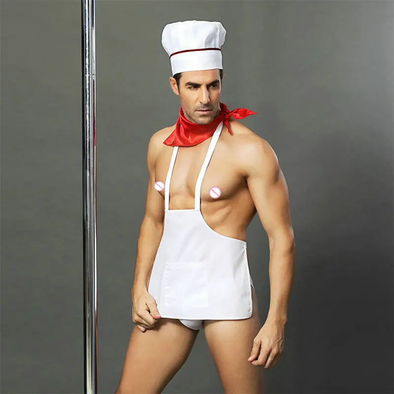 

JSY Adult Man Erotic Head Chef Uniform White Sexy Cook Costumes Porno Role Play Dress For Party men's sexy underwear 6612
