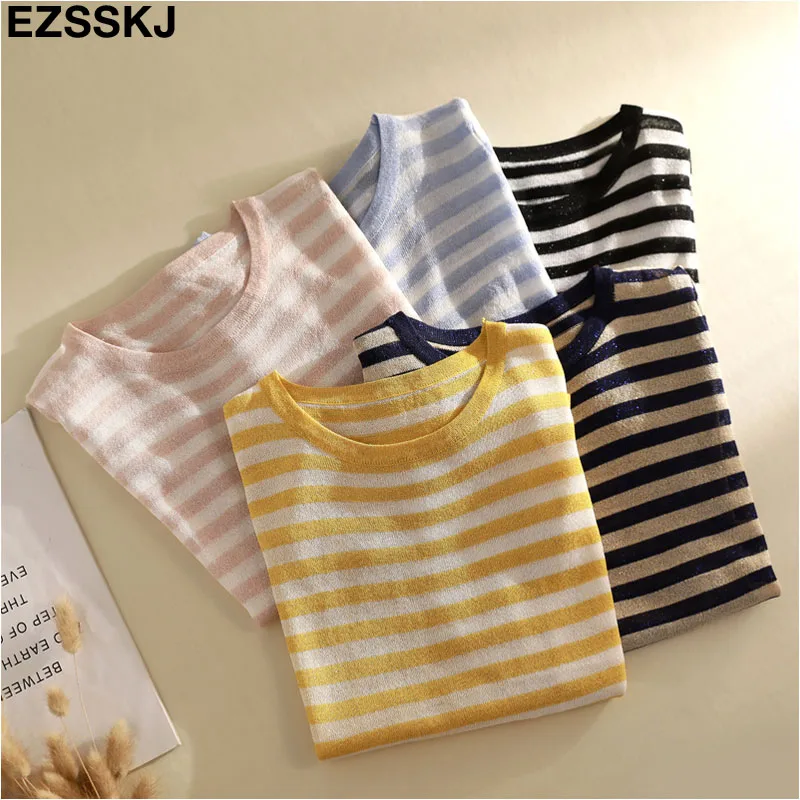 thin summer striped knit t-shirt Women short sleeve T-Shirt bling O-neck cool Glitter Basic t-shirt sexy shiny top