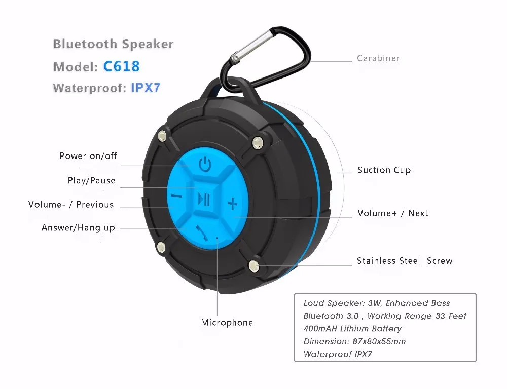 TOPROAD Душ Bluetooth динамик Водонепроницаемый IPX7 колонки Беспроводной Стерео мини Altavoz