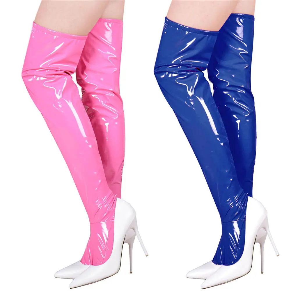 

80s Punk Rock Stockings Women Wet Look Faux Leather Tight Stocking Thigh High Hold Up Hosiery Leggings Sexy Costume Accessories