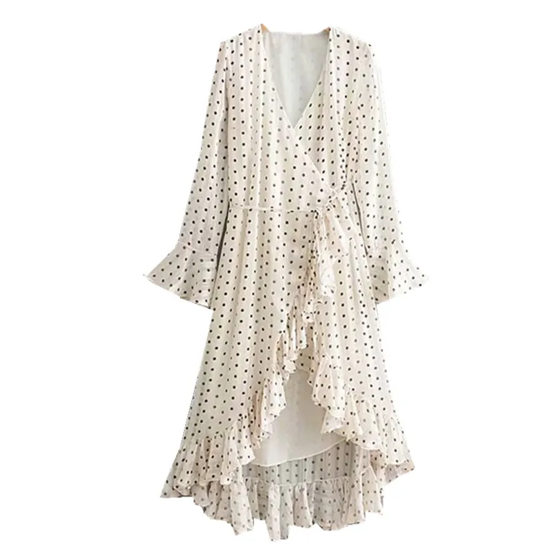 2019 Весна сплайсированные оборки в Горошек женский Печатный принт белое платье