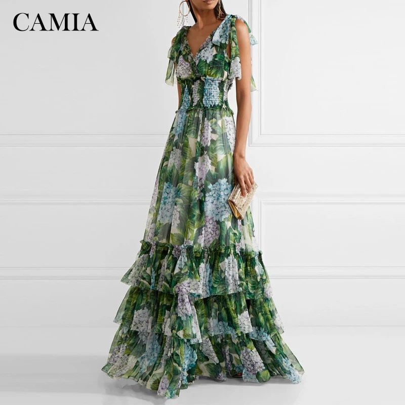 Камиа летние зеленые многослойное Цветочный принт платье с v образной горловиной