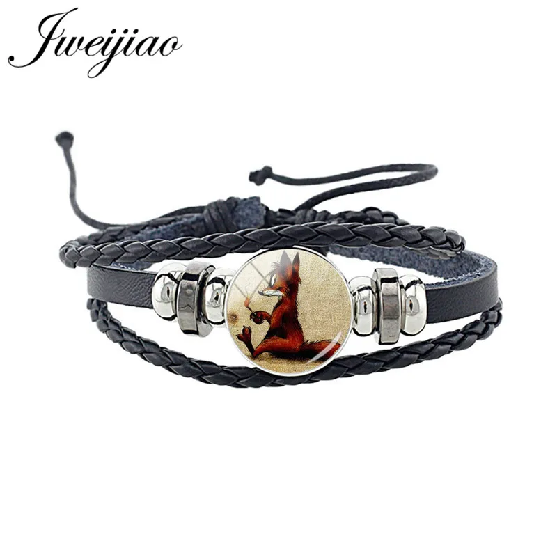 WF06 JWEIJIAO, новинка, милый браслет в виде лисы, стекло, изображение животного, кабошон, очаровательный черный браслет из искусственной кожи, браслет, браслет в стиле панк, ювелирное изделие, подарок CN96 - Окраска металла: WF06