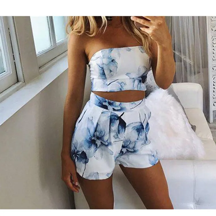 Летний женский пляжный комплект для девочек с цветочным принтом укороченный топ