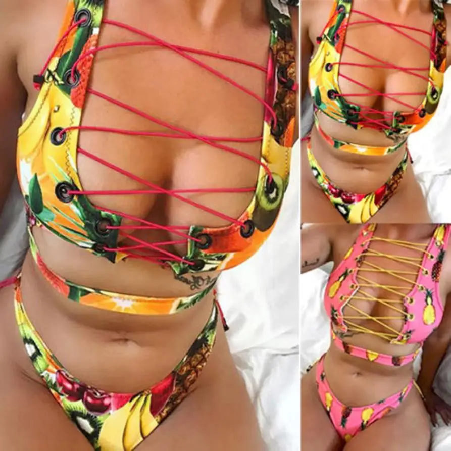 snowshine3 YLW Women Lace Up Bikini Set Push-up Padded Bra Mesh Swimsuit Bathing Suit Swimwear |
