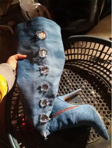 Новейшая модель модные повседневные женские высокие сапоги из джинсового