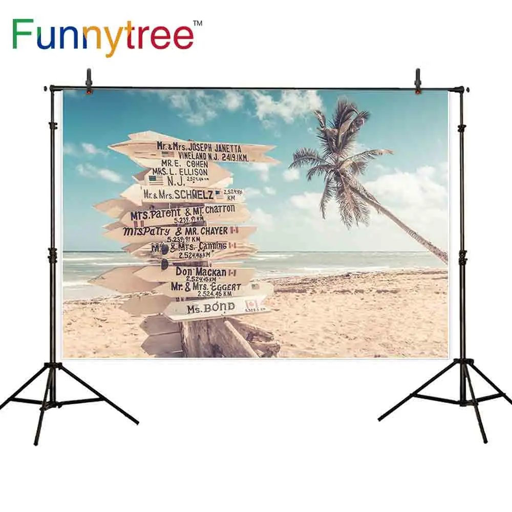Фотофон Funnytree голубое небо пляж море кокосовое дерево деревянные вывески пользовательский текст Свадебный