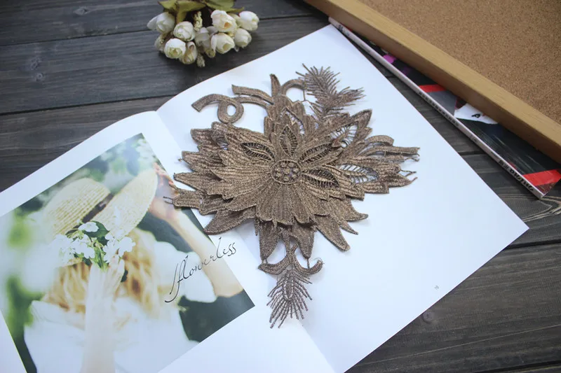 size26*22cm (2pcs/lot) DIY Craft Pretty Metallic Gold 2 Yayers Embroidered Lace Applique Patch for Garment | Дом и сад