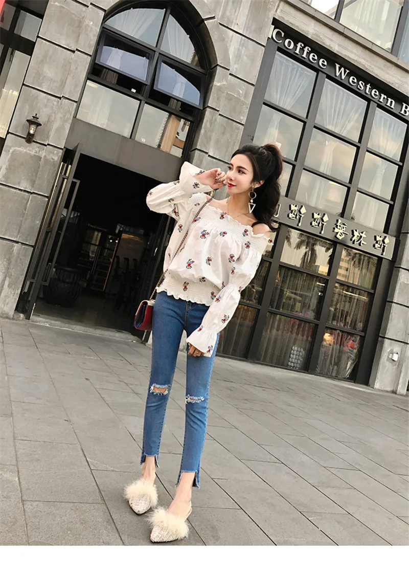 Neploe Blusa Feminina Цветочная вышивка; белый цвет Блузка Летняя женская рубашка корейские пышные рукава с открытыми плечами женские топы 35443