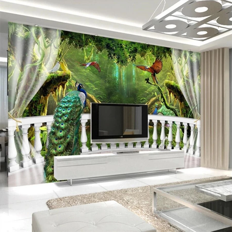

beibehang Custom wallpaper 3d photo mural woods balcony peacock TV background wall papers home decor papel de parede wallpapers