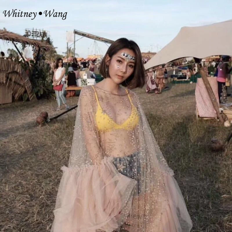 Летнее модное уличное платье WHITNEY WANG 2019 пикантное прозрачное блестящее Сетчатое