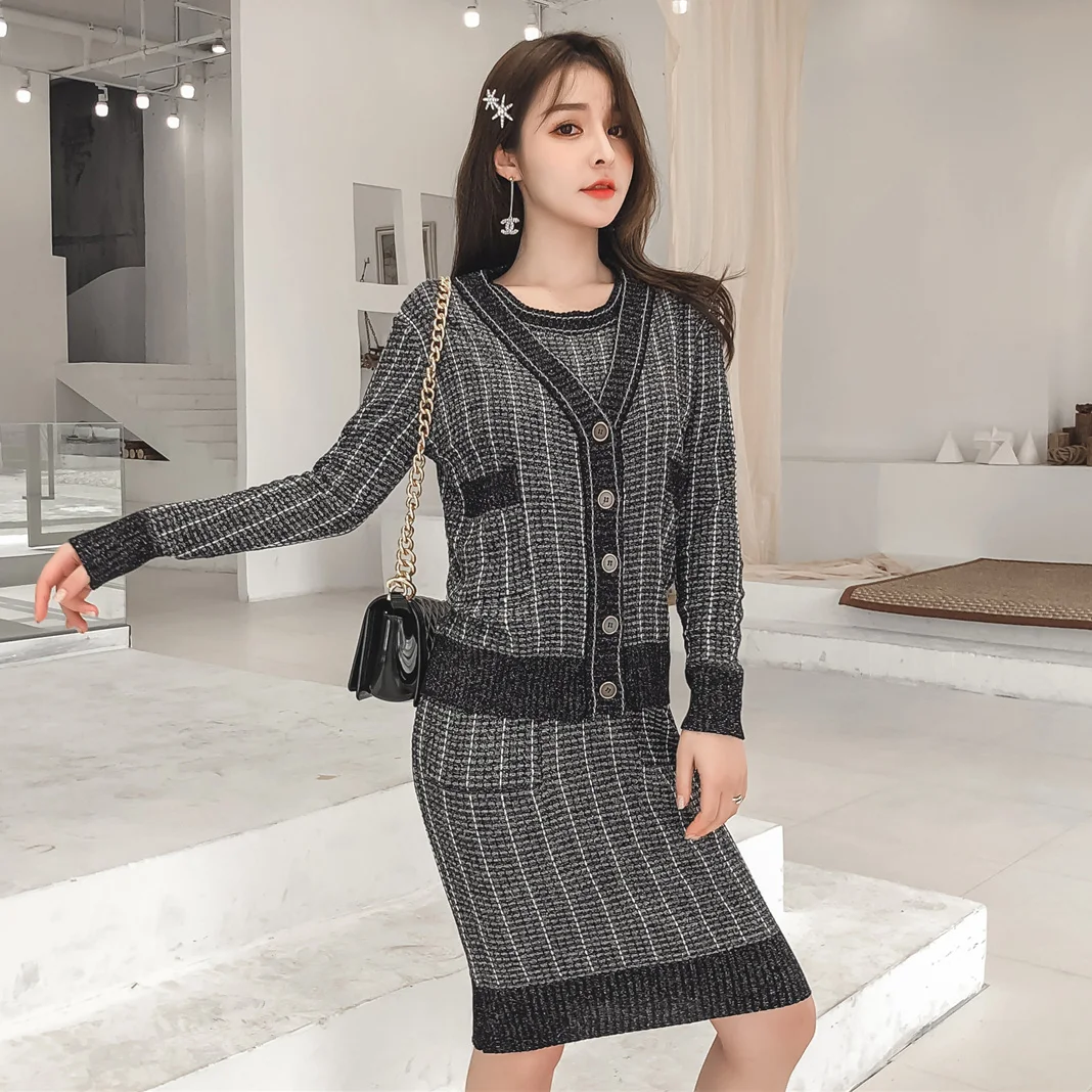 Женский трикотажный комплект из 2 предметов 2019 клетчатый Блестящий однобортный