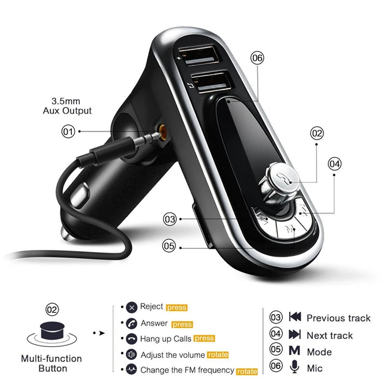 Автомобильный Bluetooth трансмиттер YASOKRO FM модулятор с функцией громкой