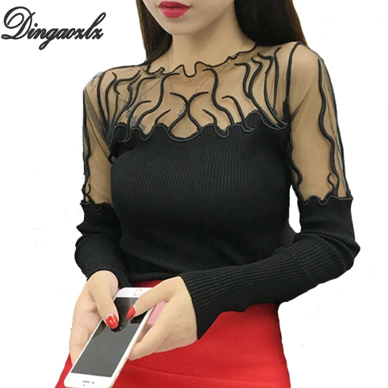 Dingaozlz Sexy Slim long-sleeved Pullovers shirt female Gauze Lace stitching Knitted Sweater Fashion Women sweater | Женская одежда