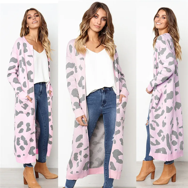 Pink Новинка, брендовый осенне-зимний модный женский свободный вязаный свитер с леопардовым принтом и длинным рукавом, женское вязаное пальто, женский кардиган - Цвет: Pink